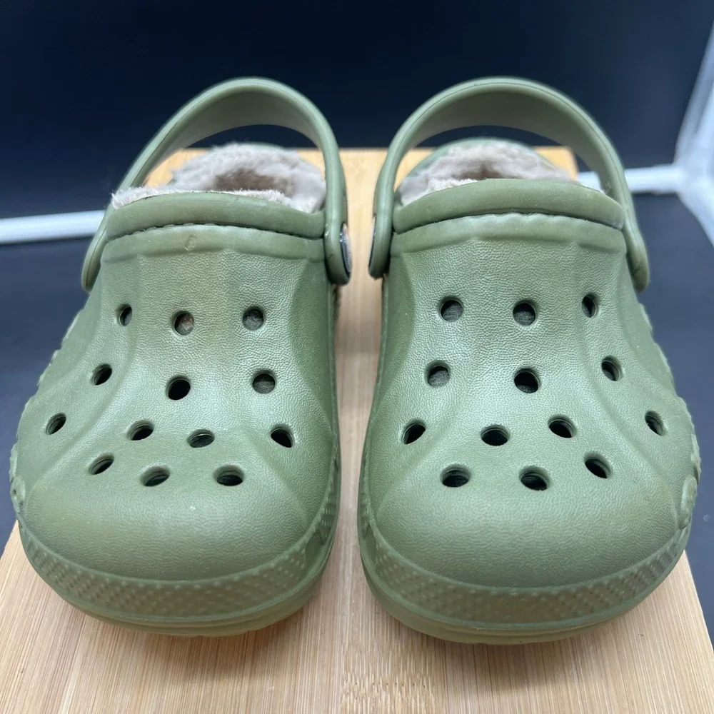 Crocs Baya Lined Clog Shoes Size C7 Green Sherpa Faux Fur Slip On
